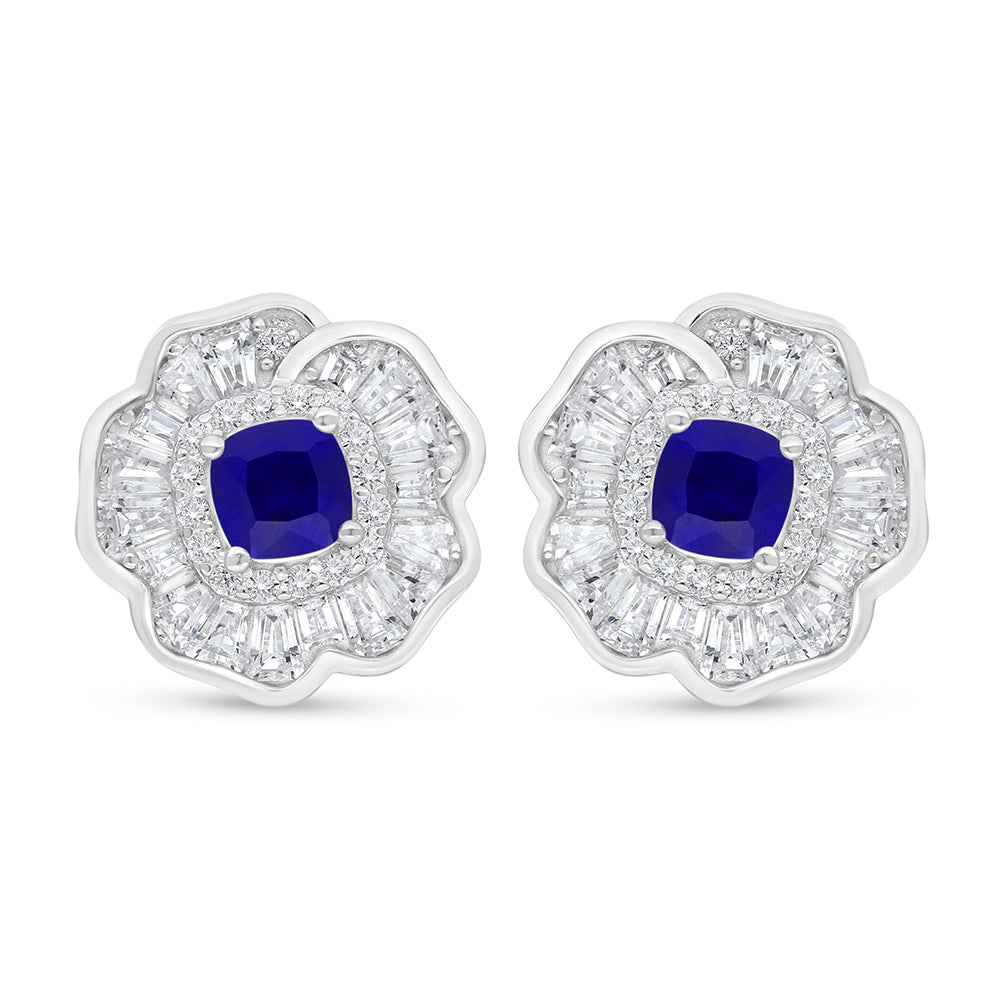Sterling Silver 925 Earring Rhodium Plated Embedded With Sapphire Corundum And White Zircon