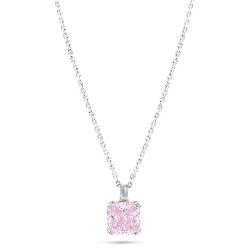 Sterling Silver 925 Necklace Rhodium Plated Embedded With Pink Zircon And White Zircon