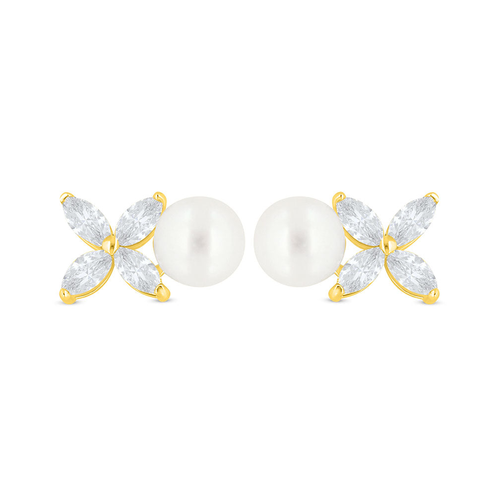 Sterling Silver 925 Earring Golden Plated Embedded With White Shell Pearl And White Zircon