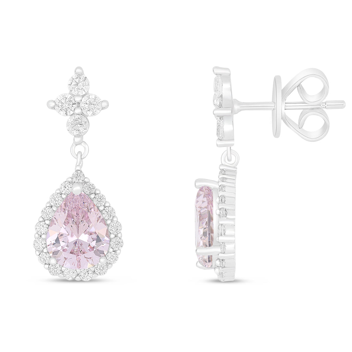 Sterling Silver 925 Earring Rhodium Plated Embedded With Pink Zircon And White Zircon