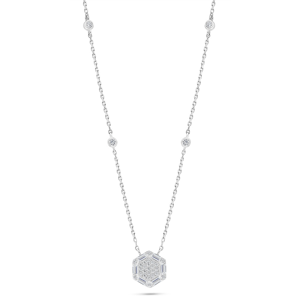 Sterling Silver 925 Necklace Rhodium Plated Embedded With White Zircon