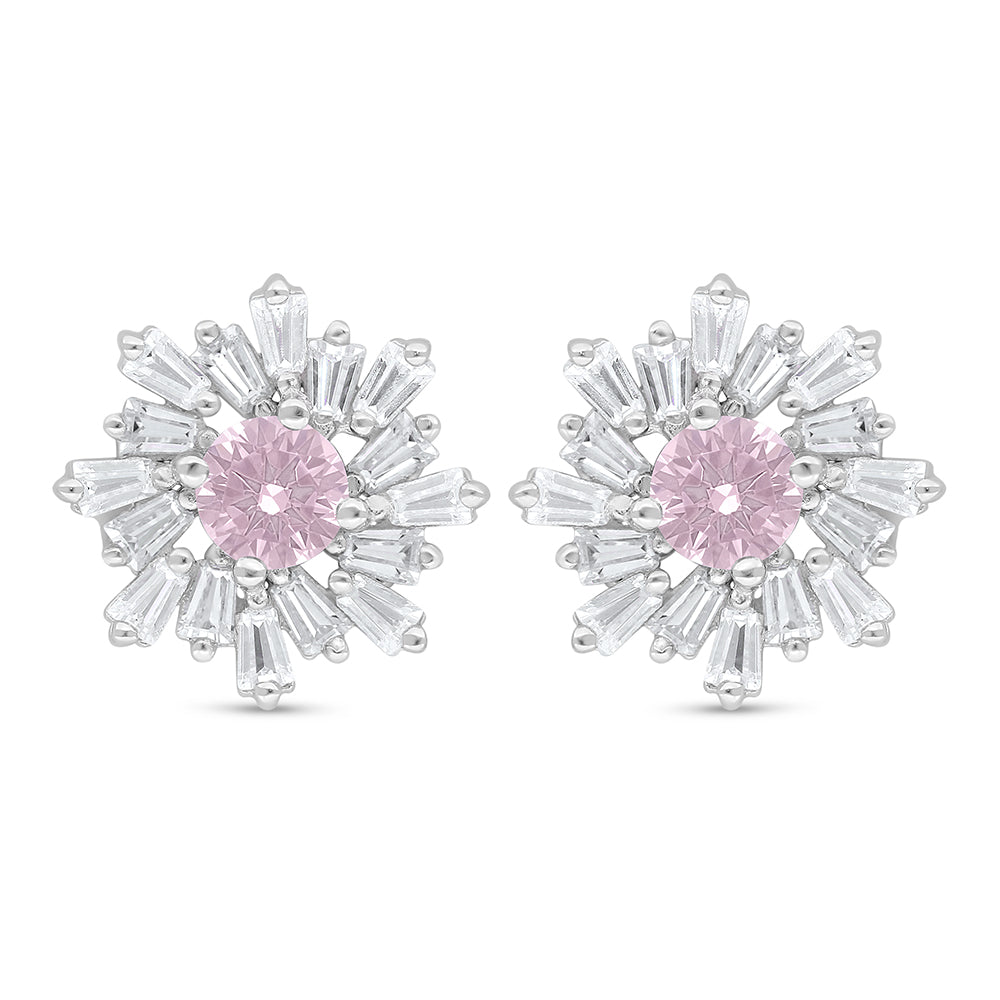 Sterling Silver 925 Earring Rhodium Plated Embedded With Pink Zircon And White Zircon