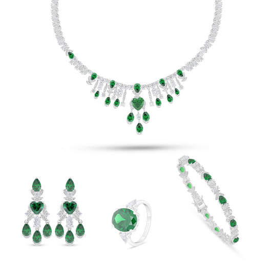 Sterling Silver 925 SET Rhodium Plated Embedded With Emerald Zircon And White Zircon