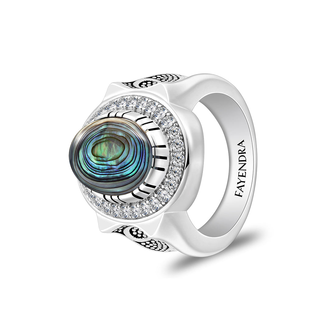 خاتم رجالي من الفضة الخالصة عيار 925 مطلي روديوم و اسود مرصع احجار صدف استرالي كابشون و فص ابيض