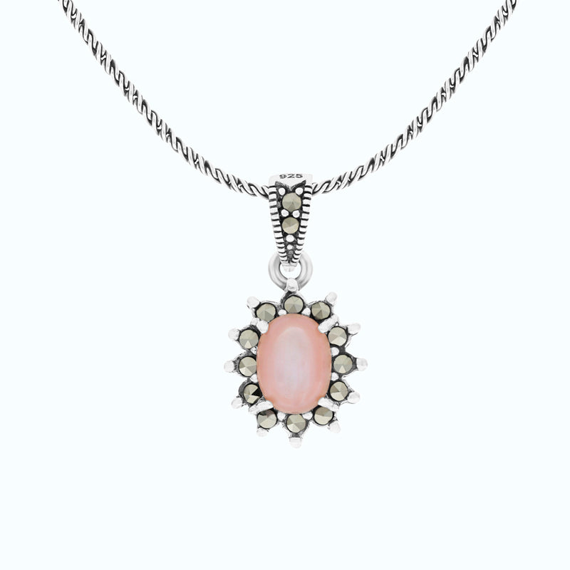 Sterling Silver 925 Pendant Embedded With Natural Pink Shell And Marcasite Stones