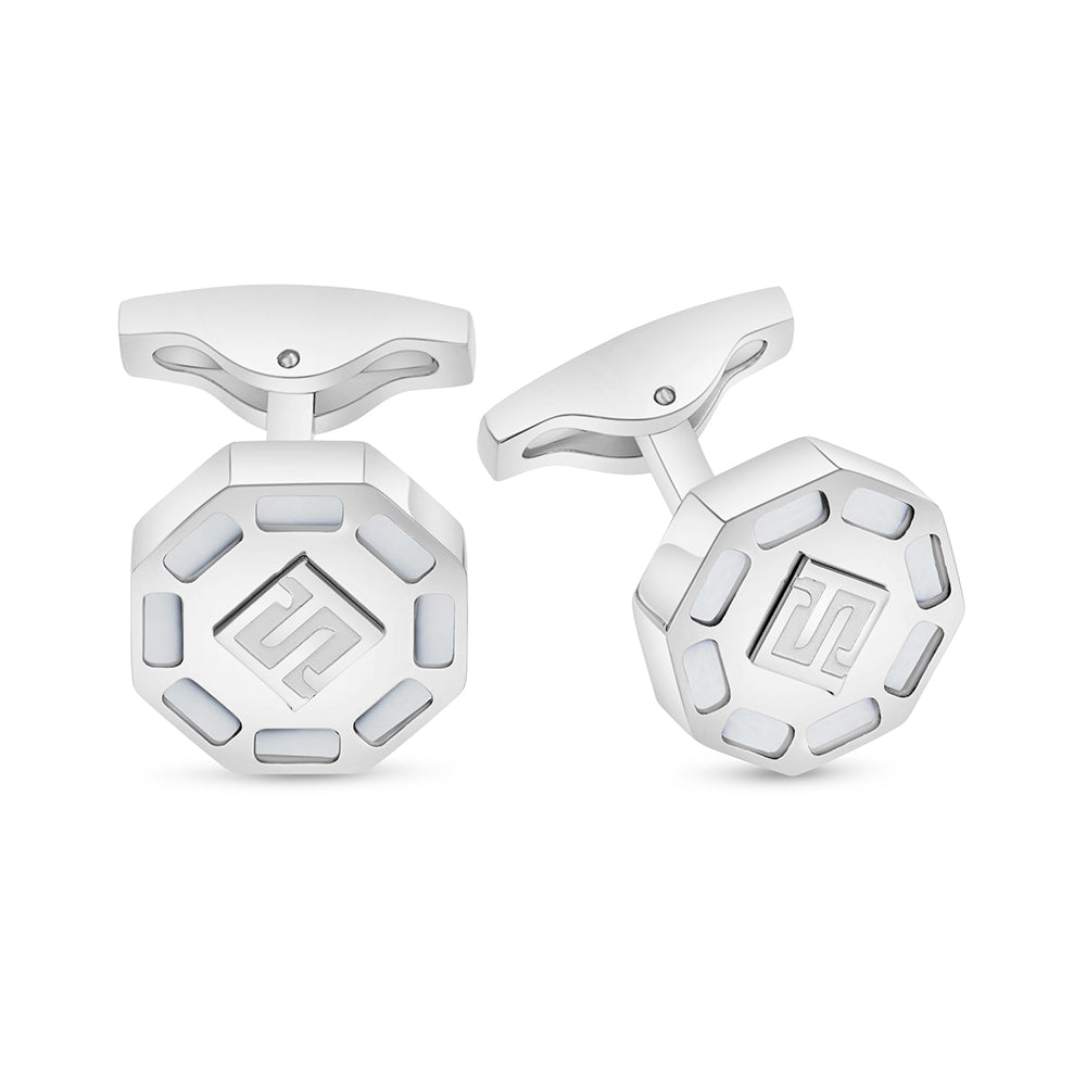 Stainless Steel Cufflink 316L Embedded With White Shell Matt Steel