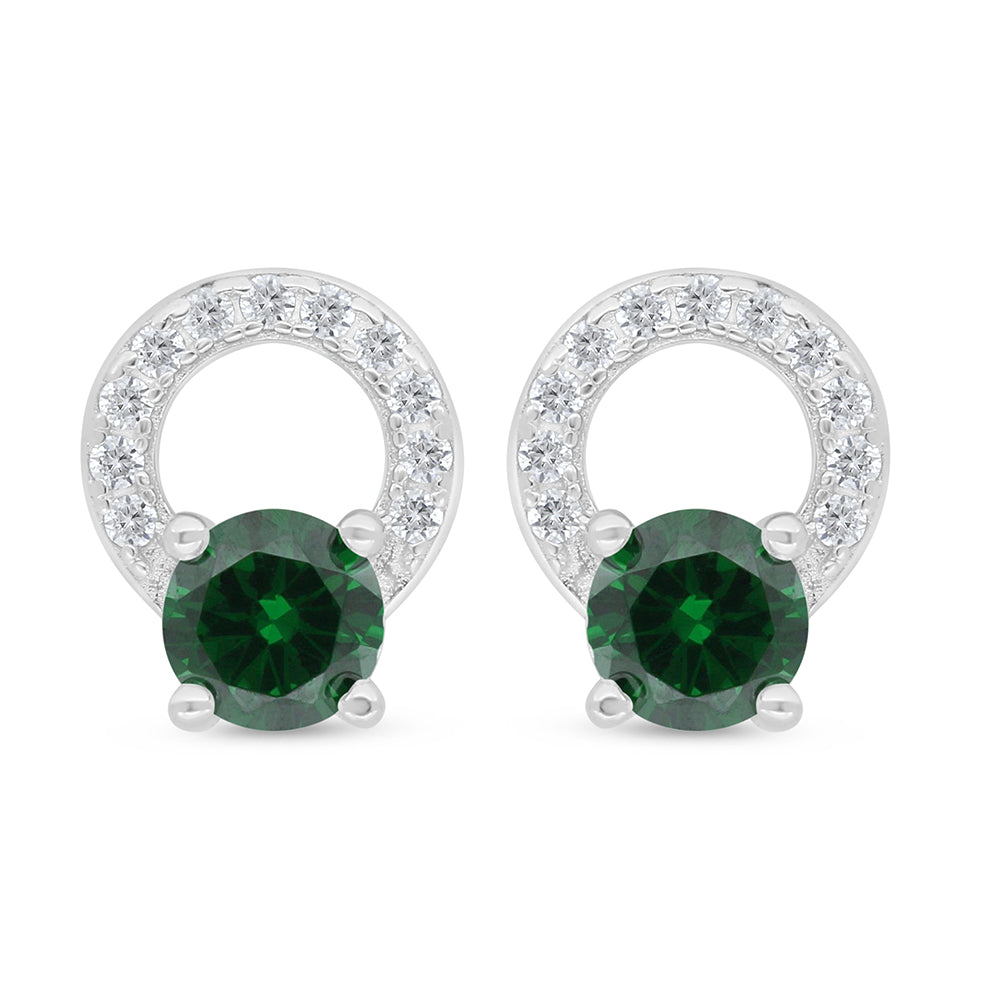 Sterling Silver 925 Earring Rhodium Plated Embedded With Emerald Zircon And White Zircon