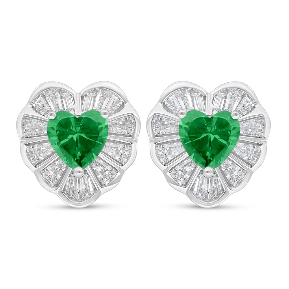 Sterling Silver 925 Earring Rhodium Plated Embedded With Emerald Zircon And White Zircon