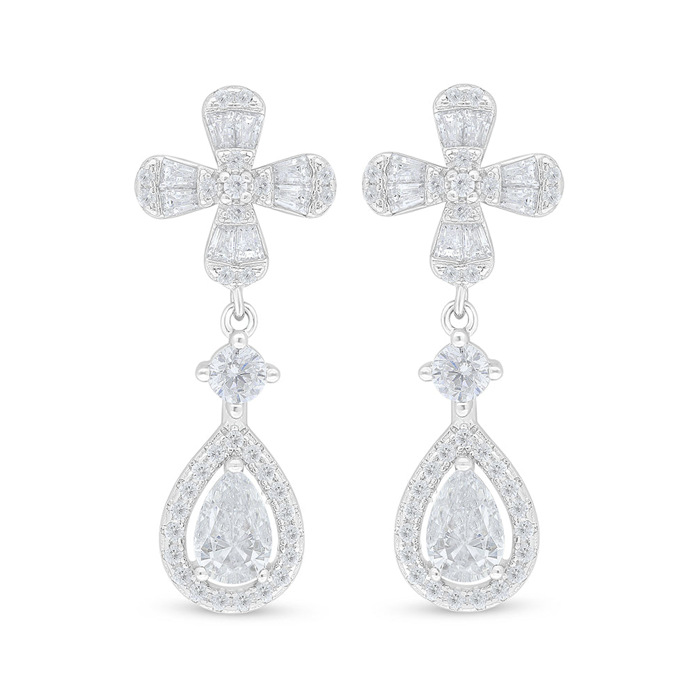 Sterling Silver 925 Earring Rhodium Plated Embedded With White Zircon