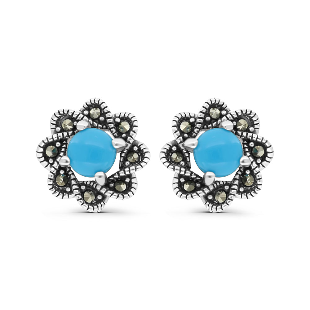 Sterling Silver 925 Earring Embedded With Natural Processed Turquoise And Marcasite Stones