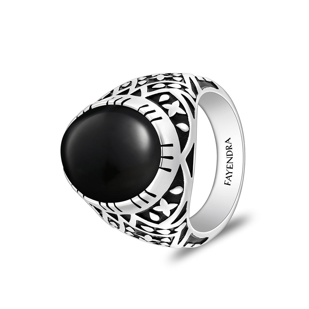 Sterling Silver 925 Ring Rhodium And Black Plated Embedded With Natural black agate Cabochon For Men