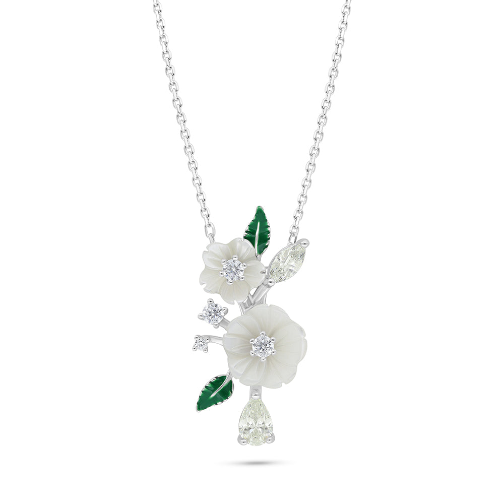 Sterling Silver 925 Necklace Rhodium Plated Embedded With White Shell And Diamond Zircon And White Zircon