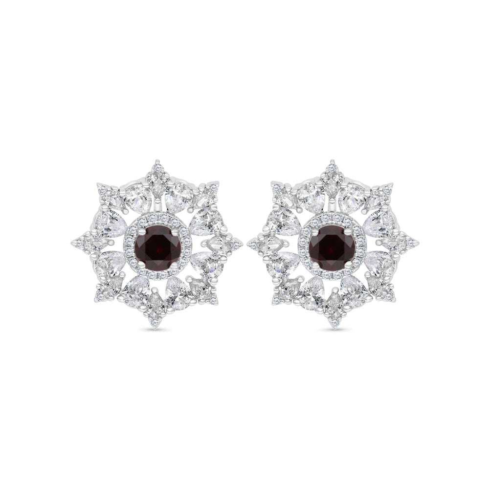 Sterling Silver 925 Earring Rhodium Plated Embedded With Ruby Corundum And White CZ