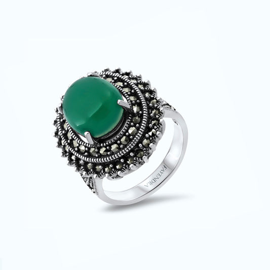 Sterling Silver 925 Ring Natural Green Agate Marcasite Stones
