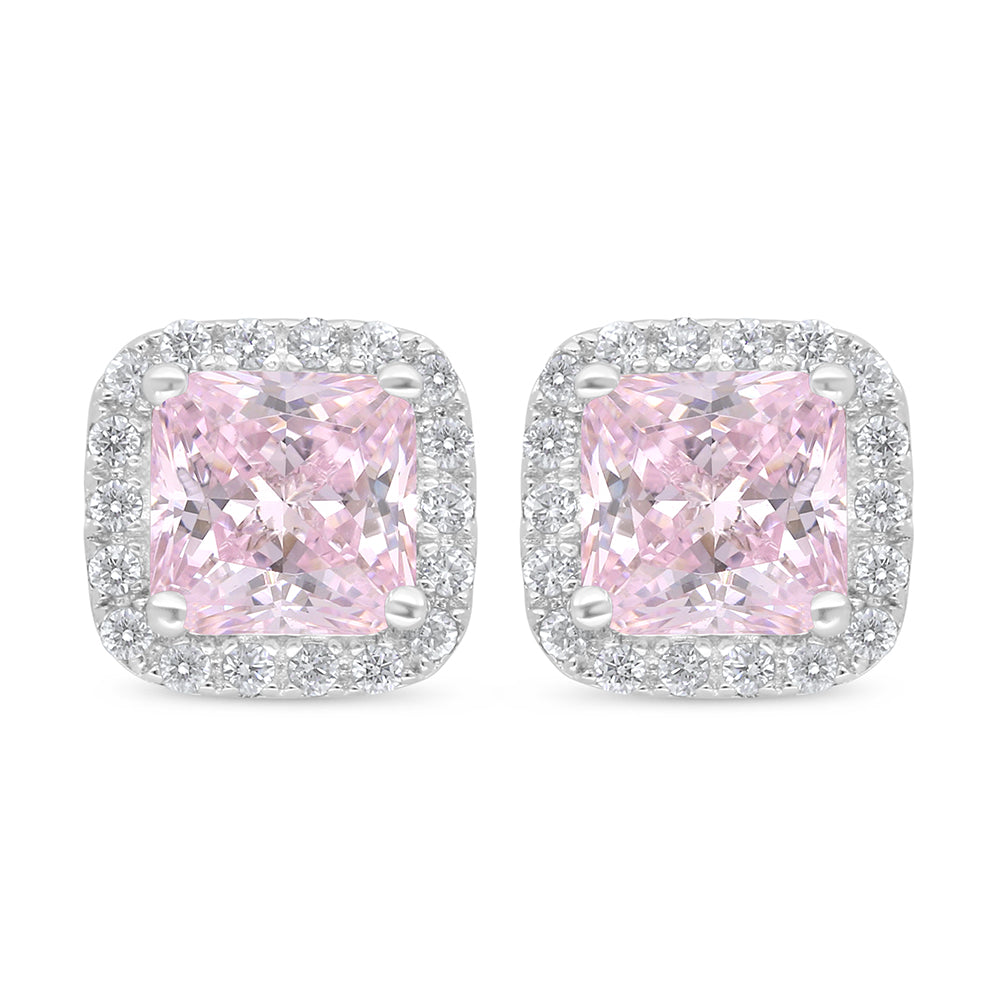 Sterling Silver 925 Earring Rhodium Plated Embedded With Pink Zircon And White Zircon