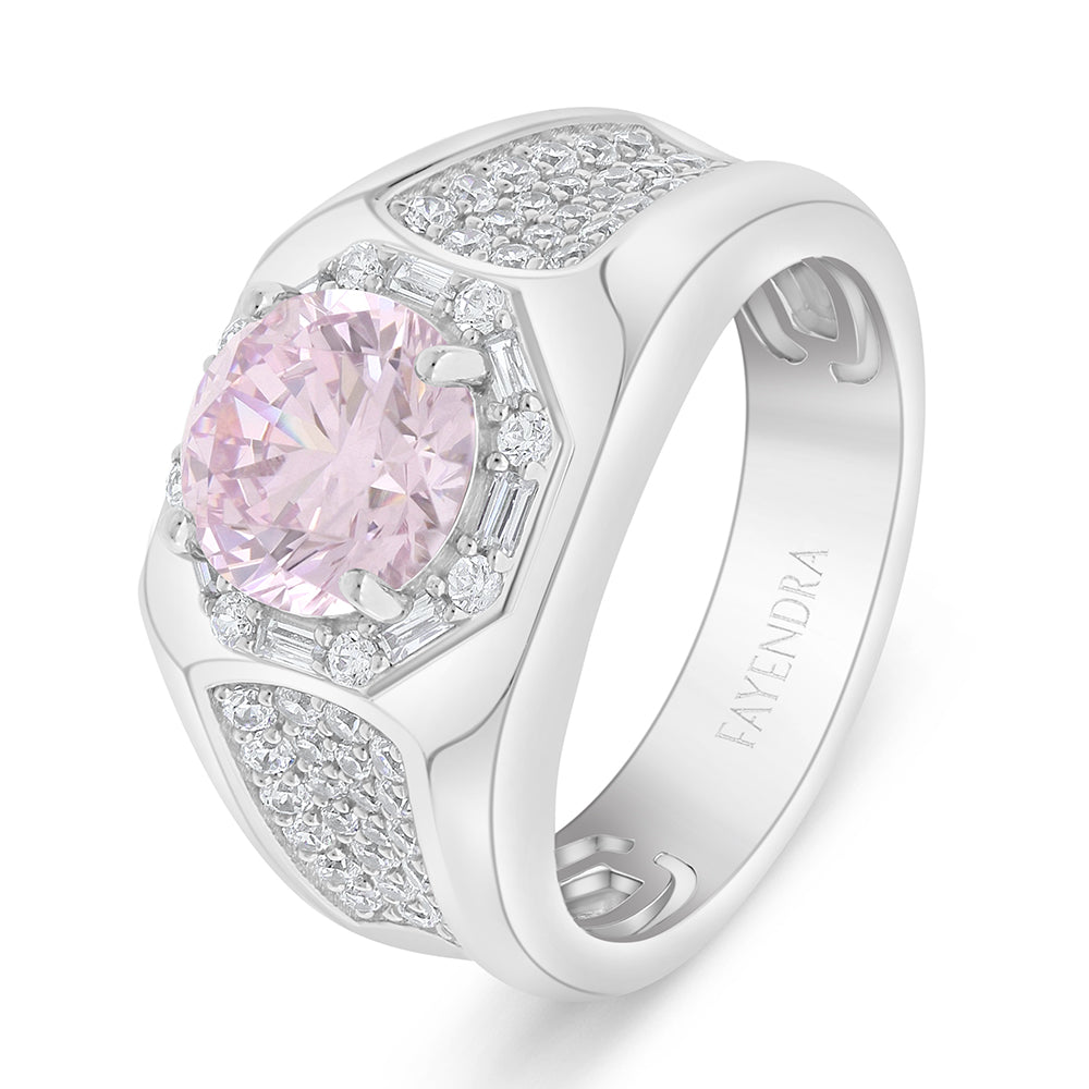 Sterling Silver 925 Ring Rhodium Plated Embedded With Pink Zircon And White Zircon For Men
