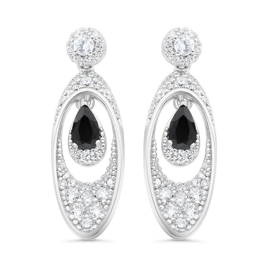 Sterling Silver 925 Earring Rhodium Plated Embedded With Black Spinal And White Zircon