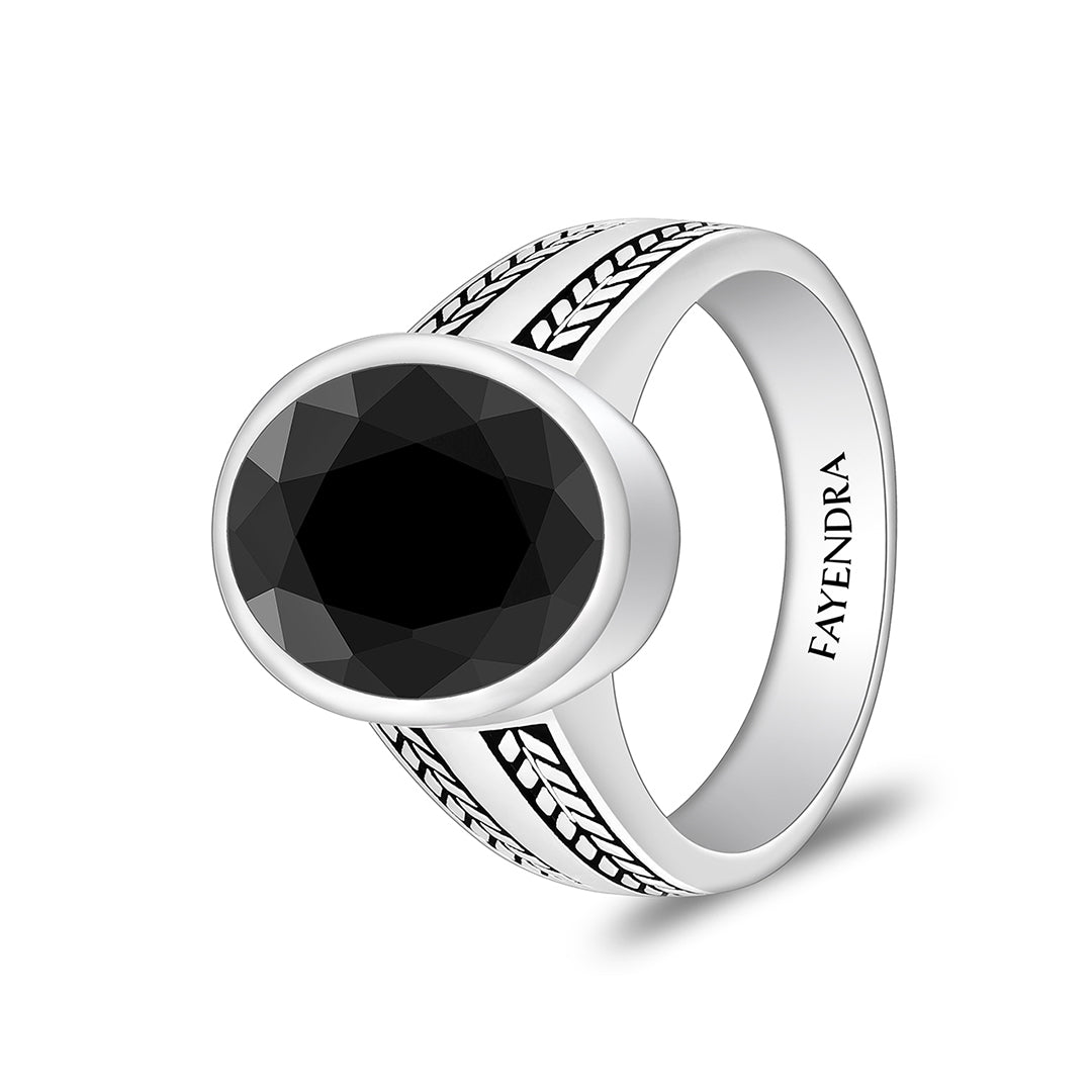 Sterling Silver 925 Ring Rhodium And Black Plated Embedded With Black Spinal For Men
