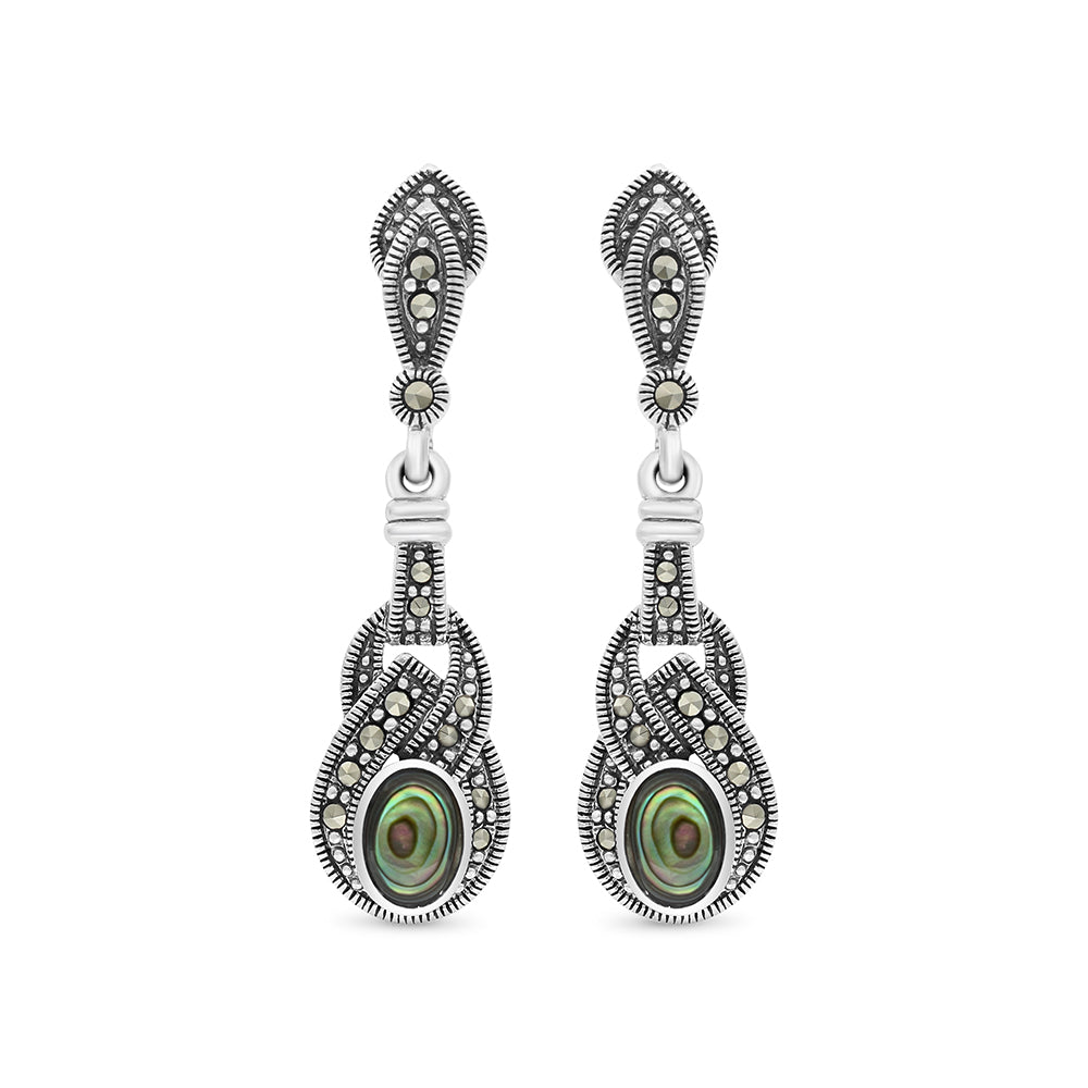 Sterling Silver 925 Earring Embedded With Natural Blue Shell And Marcasite Stones