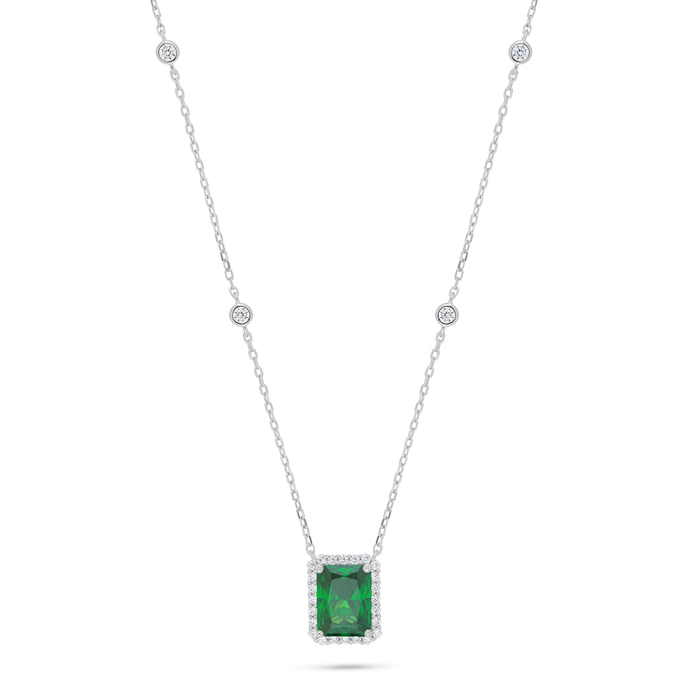 Sterling Silver 925 Necklace Rhodium Plated Embedded With Emerald Zircon And White Zircon