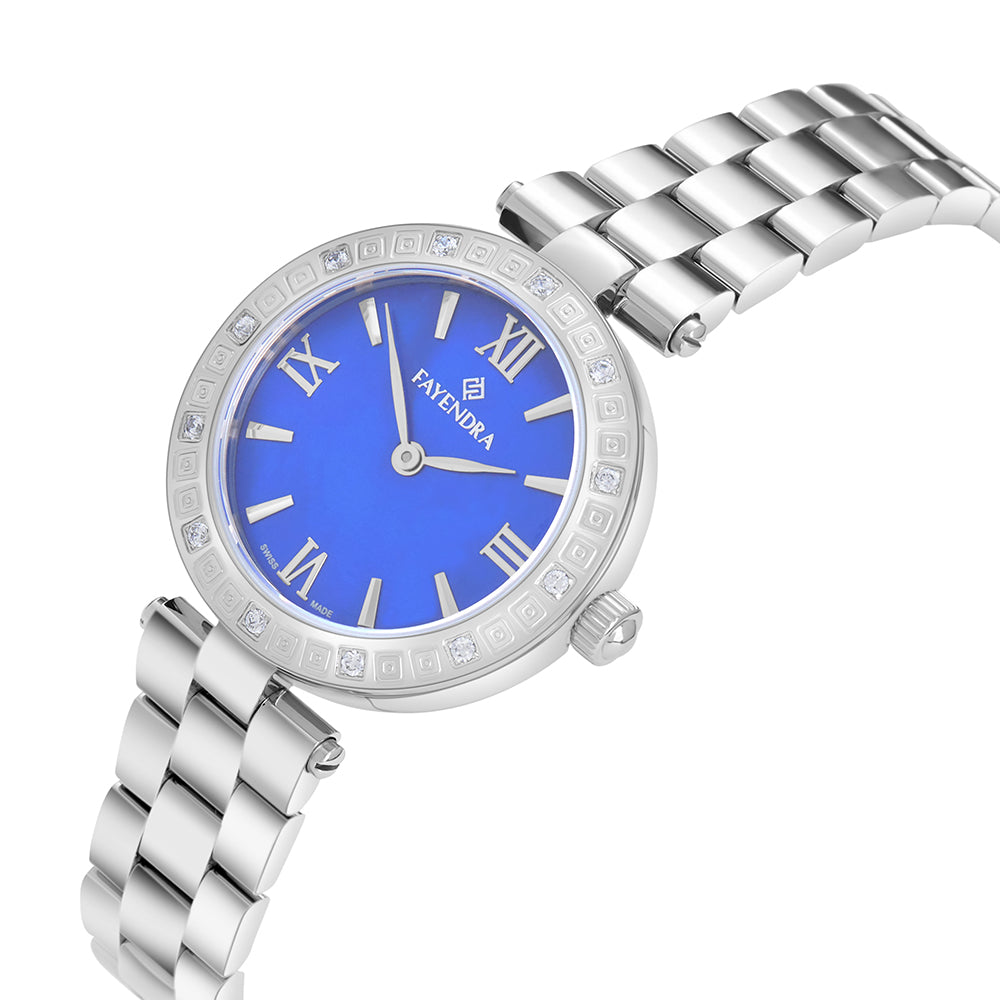 ساعة ستانلس ستيل عيار L316 بلون فضي و فص ابيض - مينا حجر صدف ام اللالئ الأزرق