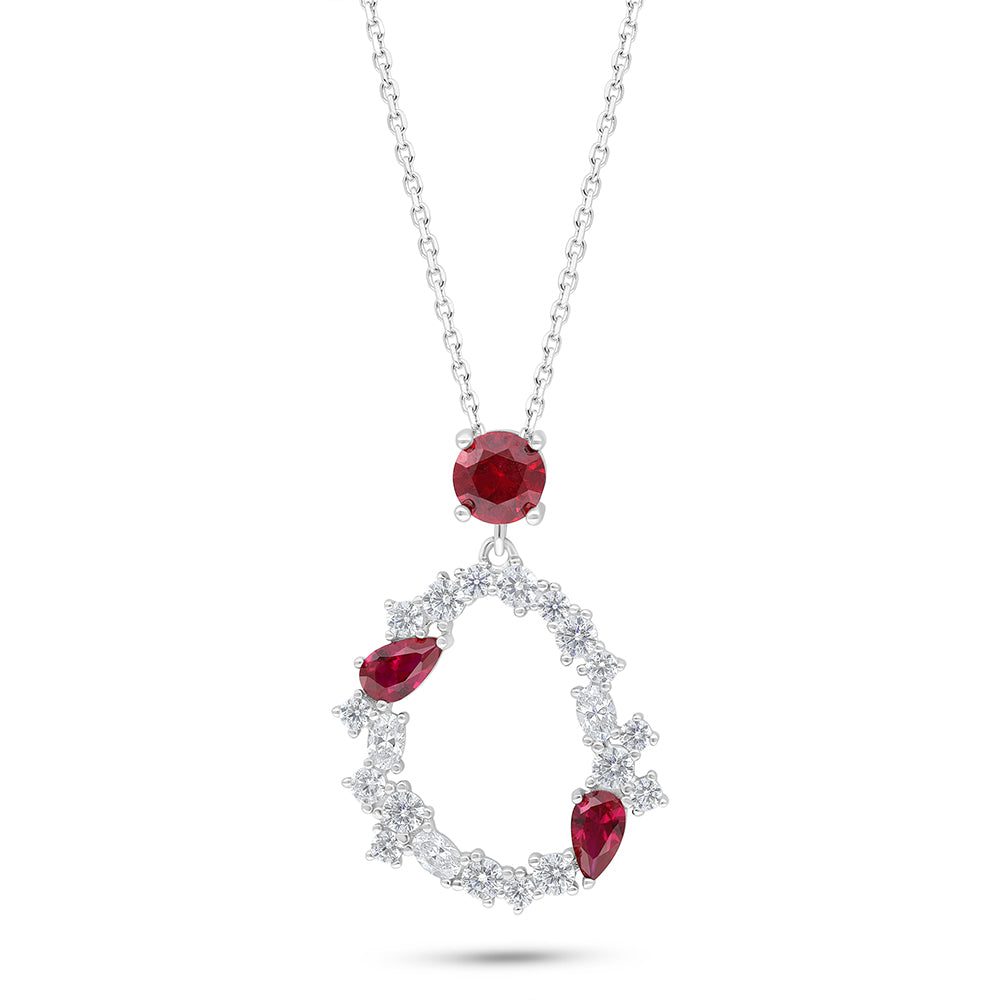 Sterling Silver 925 Necklace Rhodium Plated Embedded With Ruby Corundum And White Zircon