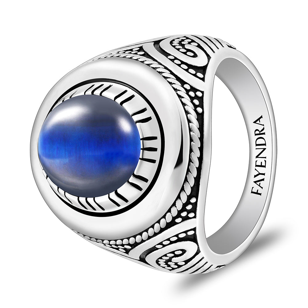 خاتم رجالي من الفضة الخالصة عيار 925 مطلي روديوم و اسود مرصع احجار عين النمر ازرق كابشون