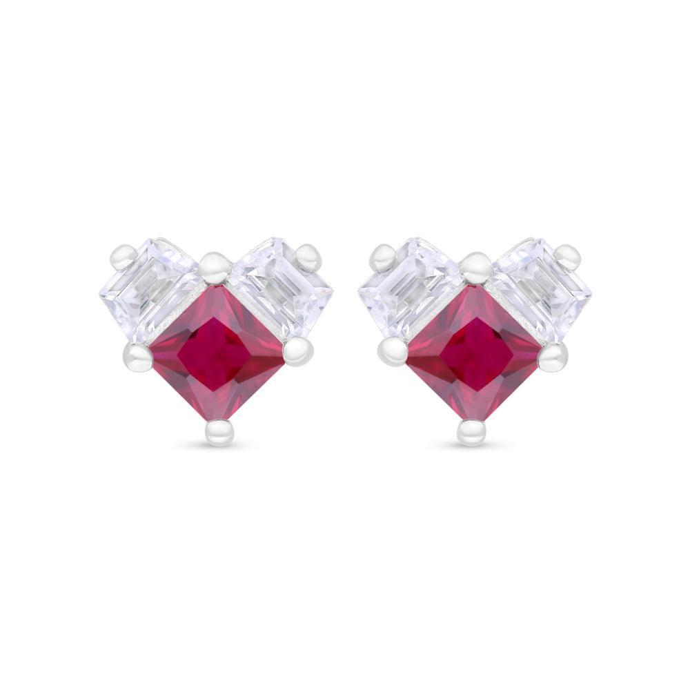 Sterling Silver 925 Earring Rhodium Plated Embedded With Ruby Corundum And White Zircon