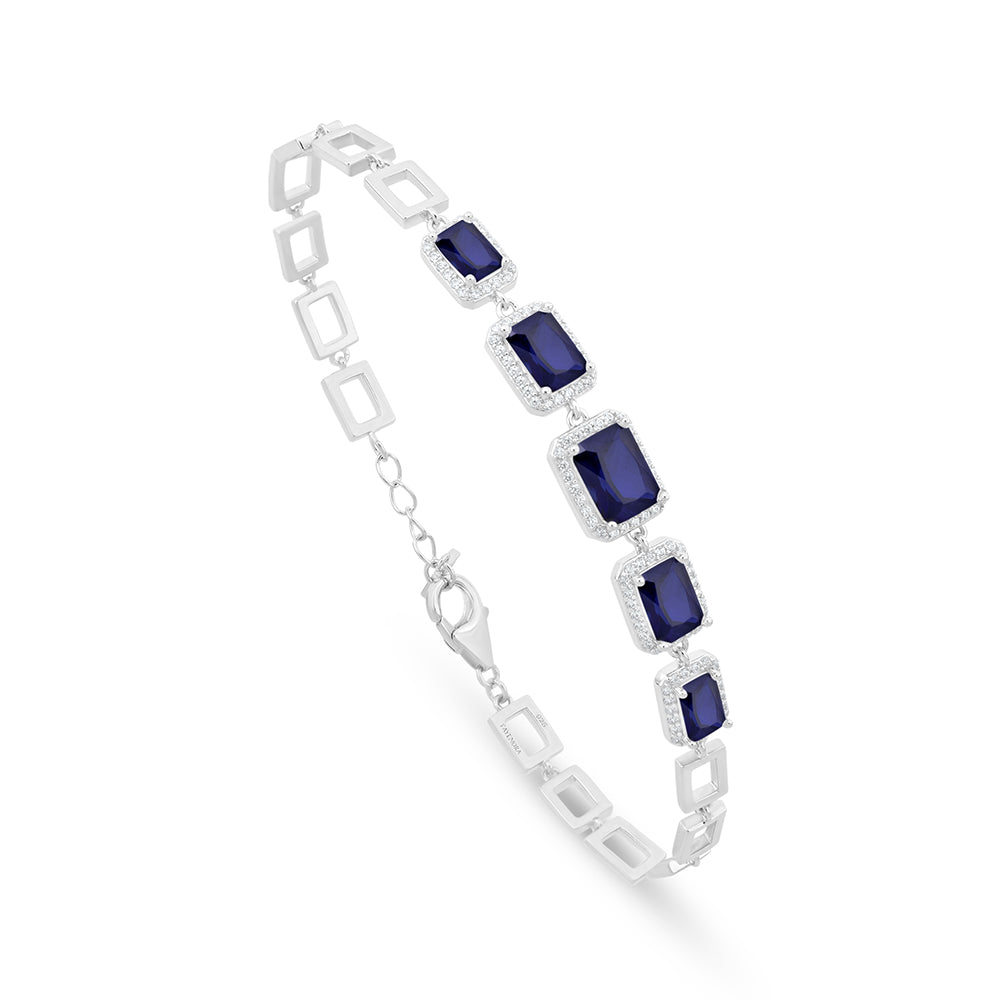 Sterling Silver 925 Bracelet Rhodium Plated Embedded With Sapphire Corundum And White Zircon