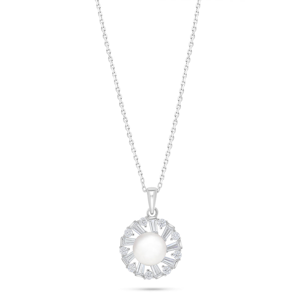 Sterling Silver 925 Necklace Rhodium Plated Embedded With Natural White Pearl And White Zircon