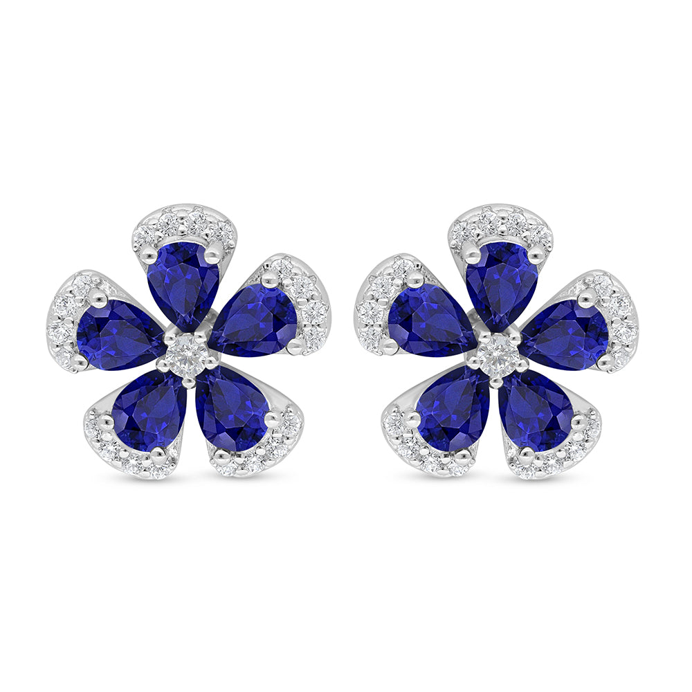 Sterling Silver 925 Earring Rhodium Plated Embedded With Sapphire Corundum And White Zircon