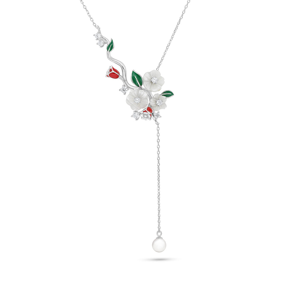 Sterling Silver 925 Necklace Rhodium Plated Embedded With Natural White Pearl And White Shell And White Zircon
