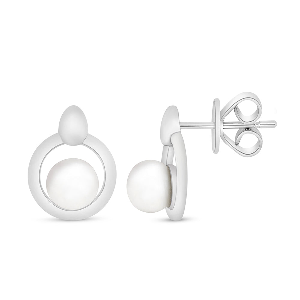 Sterling Silver 925 Earring Rhodium Plated Embedded With Natural White Pearl