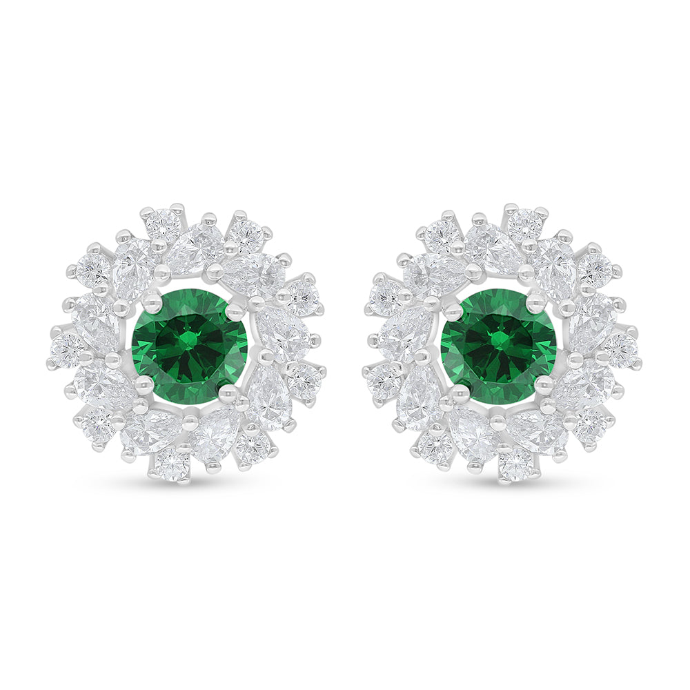 Sterling Silver 925 Earring Rhodium Plated Embedded With Emerald Zircon And White Zircon