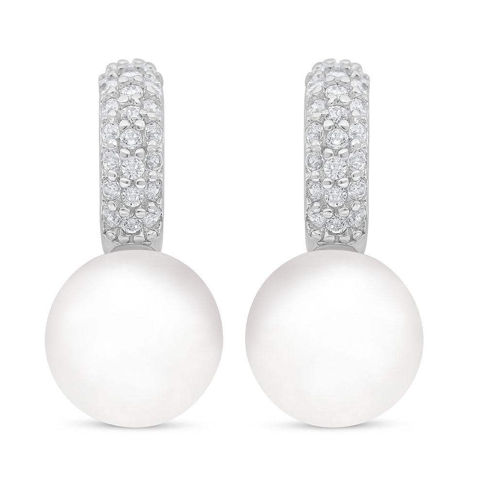 Sterling Silver 925 Earring Rhodium Plated Embedded With Natural White Pearl And White Zircon
