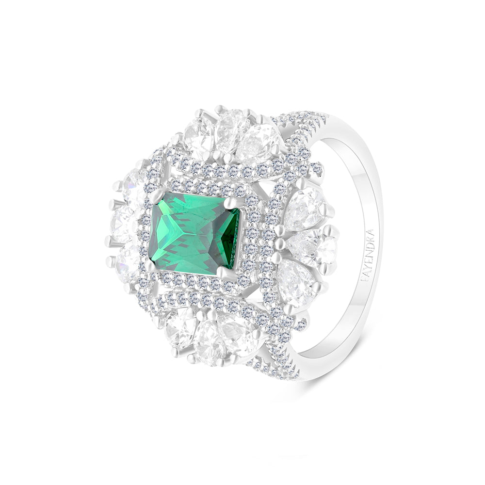 Sterling Silver 925 Ring Rhodium Plated Embedded With Emerald Zircon And White CZ