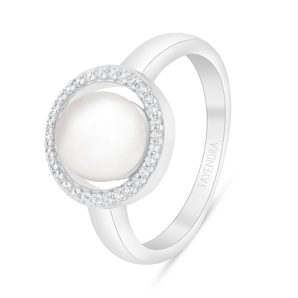 Sterling Silver 925 Ring Rhodium Plated Embedded With Natural White Pearl And White Zircon