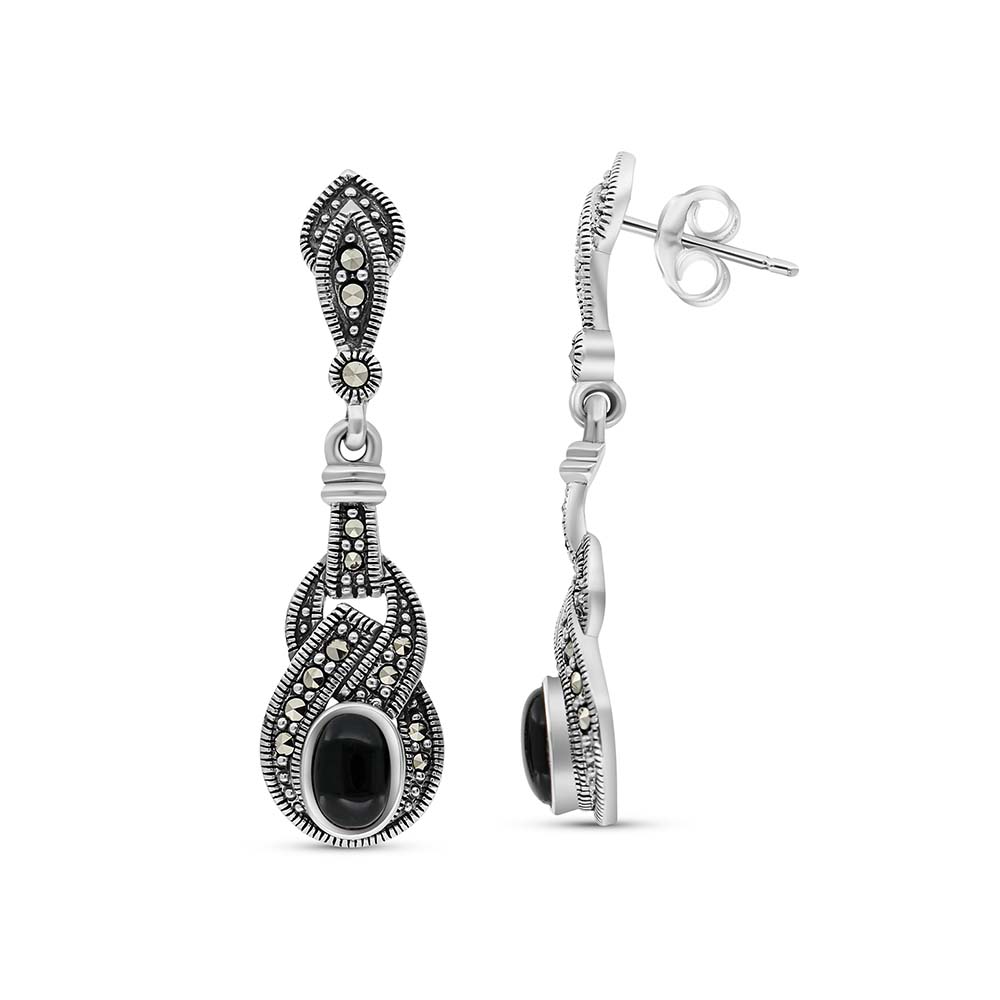 Sterling Silver 925 Earring Embedded With Natural Black Agate And Marcasite Stones