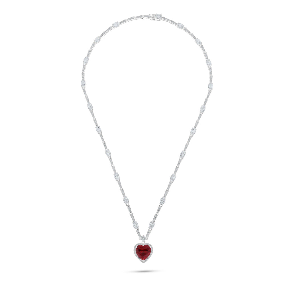 Sterling Silver 925 Necklace Rhodium Plated Embedded With Ruby Corundum And White Zircon
