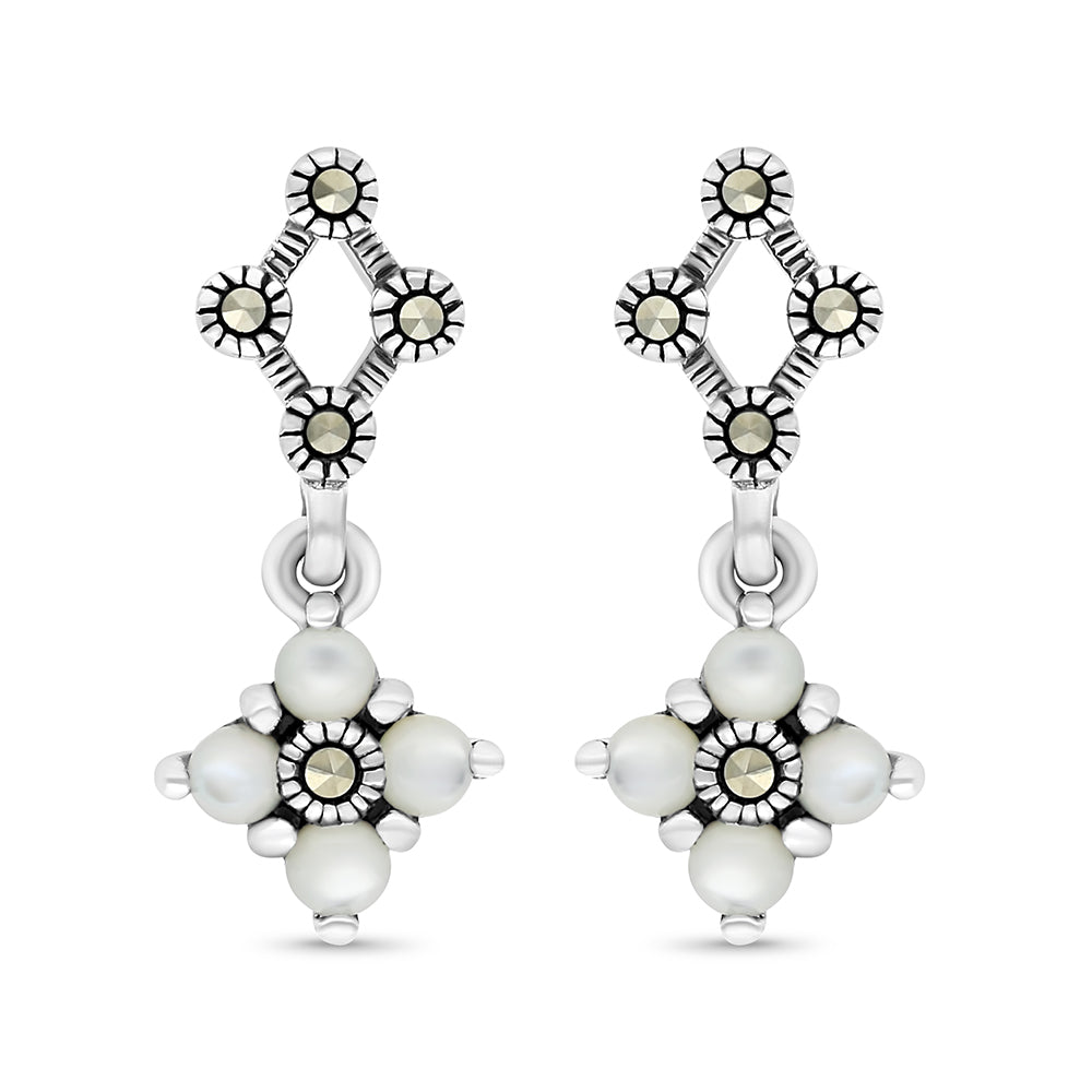Sterling Silver 925 Earring Embedded With Natural White Shell And Marcasite Stones
