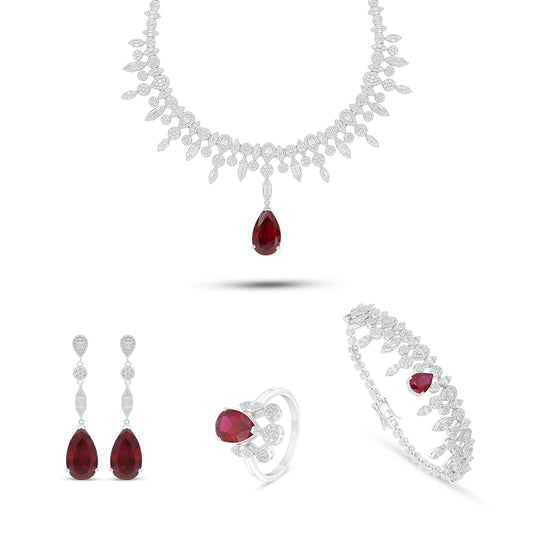 Sterling Silver 925 SET Rhodium Plated Embedded With Ruby Corundum And White Zircon