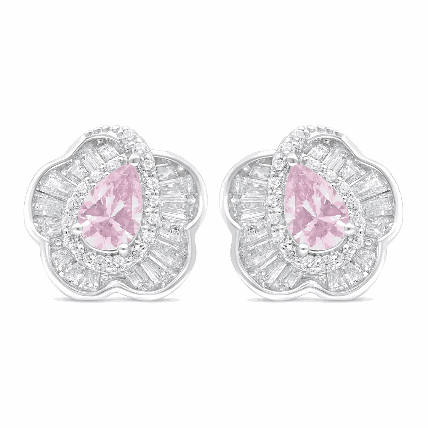 Sterling Silver 925 Earring Rhodium Plated Embedded With Pink Zircon And White Zircon