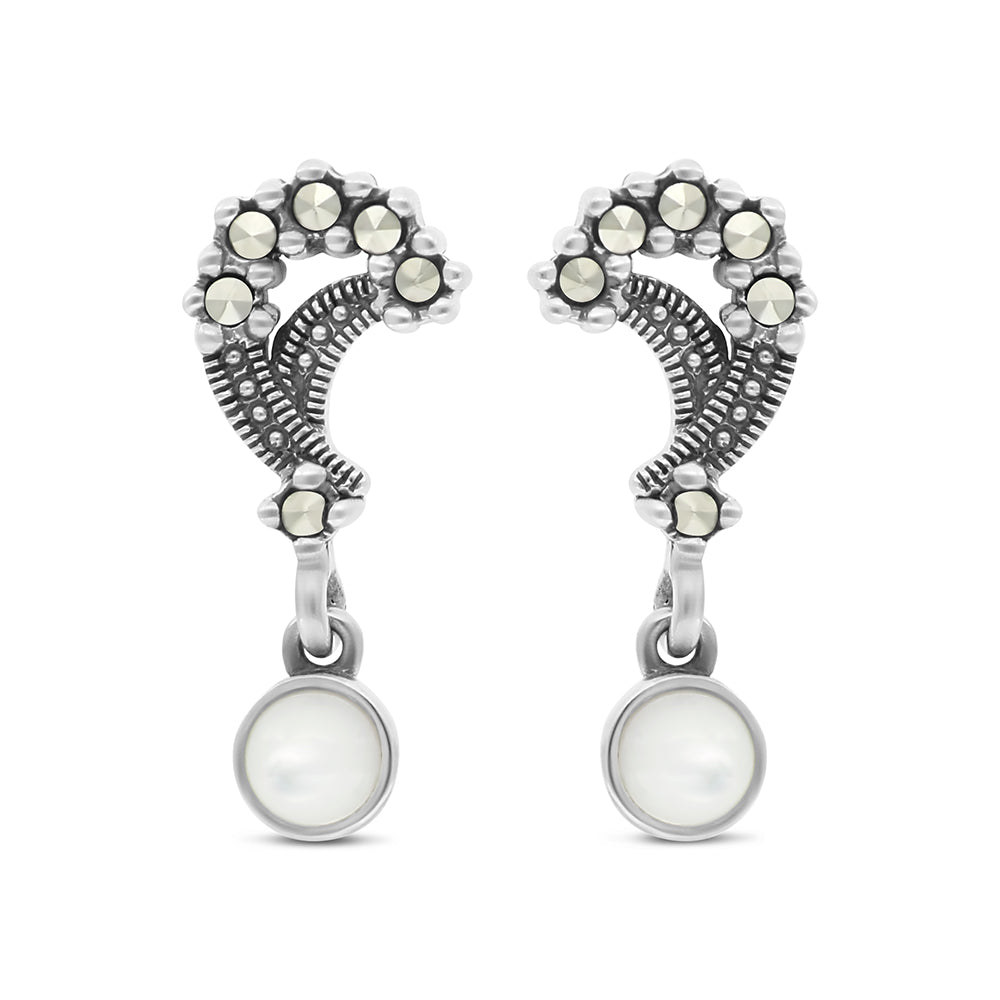 Sterling Silver 925 Earring Embedded With Natural White Shell And Marcasite Stones