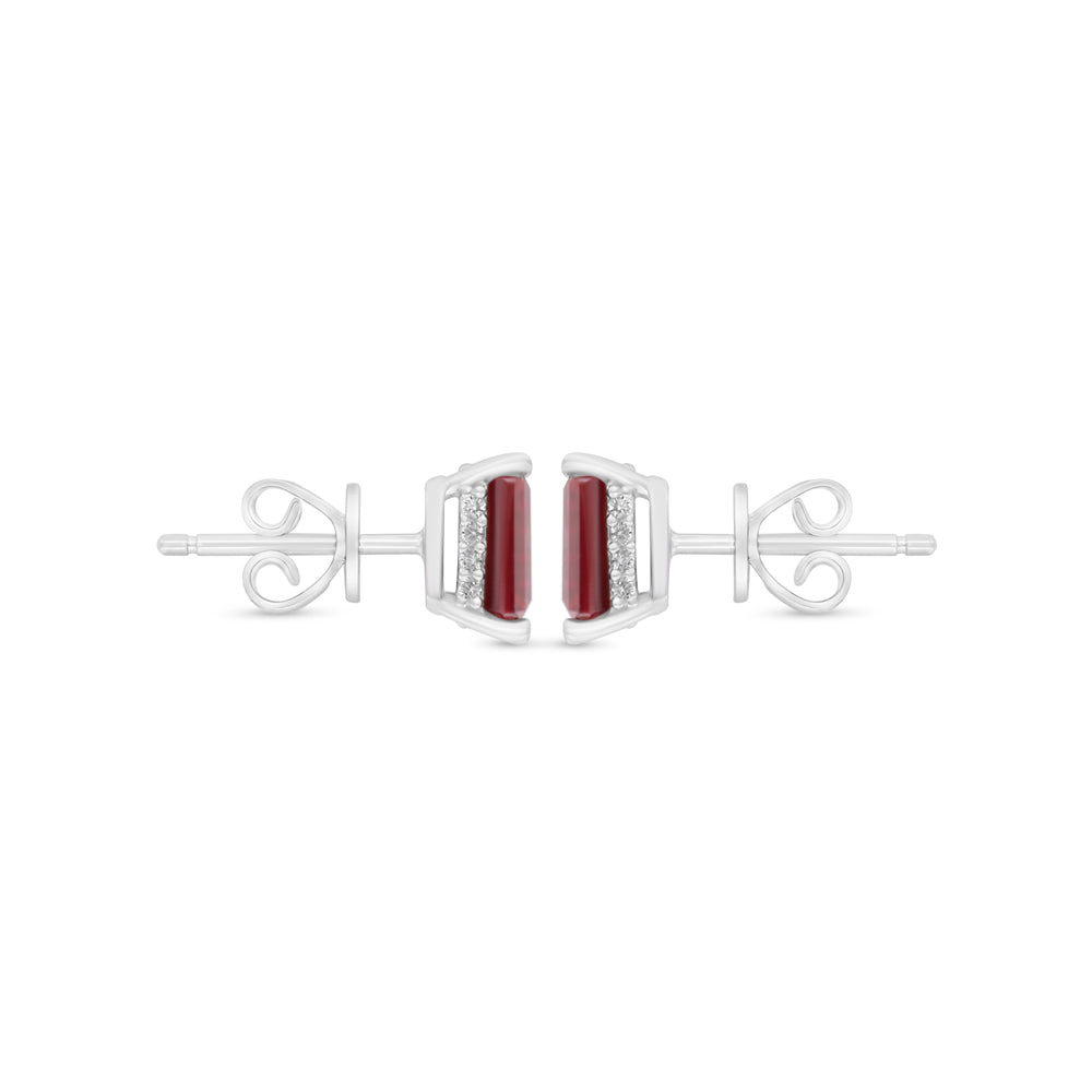 Sterling Silver 925 Earring Rhodium Plated Embedded With Ruby Corundum And White Zircon