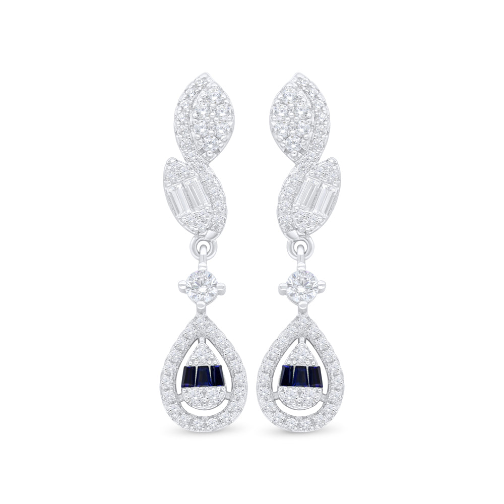 Sterling Silver 925 Earring Rhodium Plated Embedded With Sapphire Corundum And White Zircon