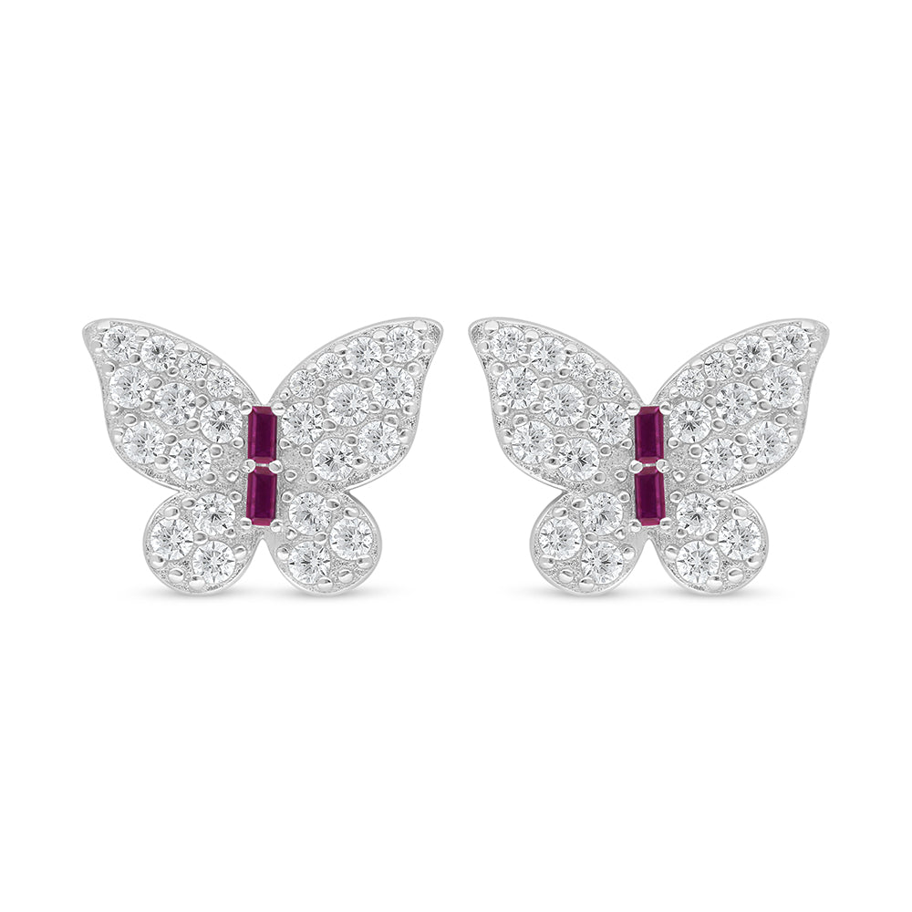 Sterling Silver 925 Earring Rhodium Plated Embedded With Ruby Corundum And White Zircon