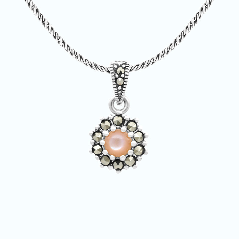Sterling Silver 925 Pendant Embedded With Natural Pink Shell And Marcasite Stones