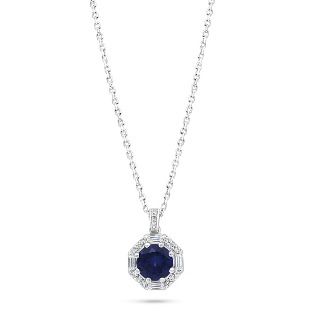 Sterling Silver 925 Necklace Rhodium Plated Embedded With Sapphire Corundum And White Zircon