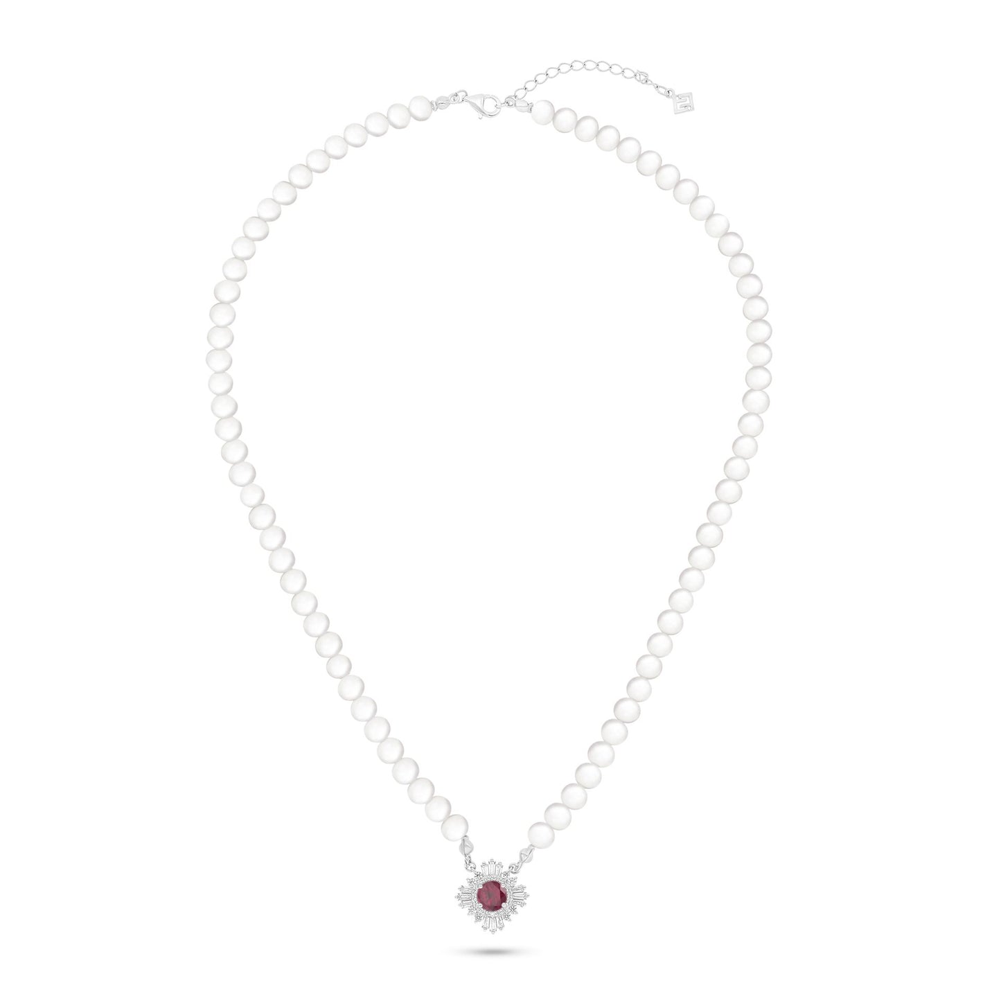 Sterling Silver 925 Necklace Rhodium Plated Embedded With Natural White Pearl, Ruby Corundum And White Zircon
