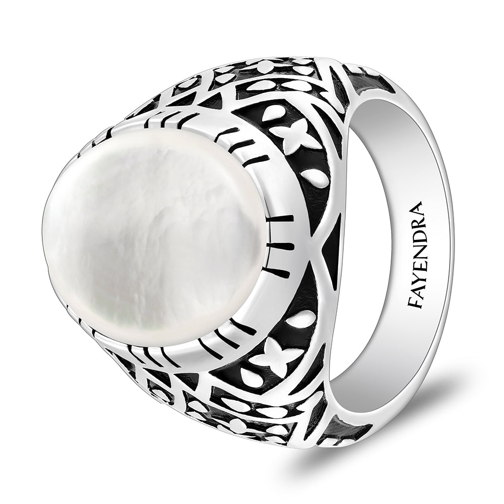 خاتم رجالي من الفضة الخالصة عيار 925 مطلي روديوم و اسود مرصع احجار صدف ابيض كابشون